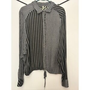 Free People Mixed Stripe Button Down Shirt Black White Drawstring Hem Large